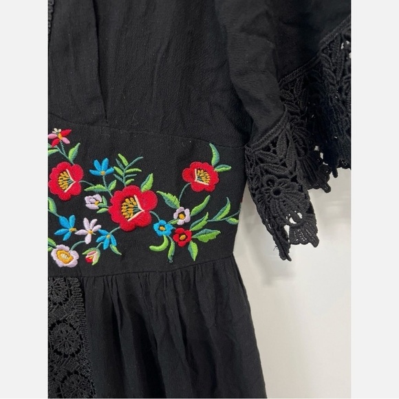 Floral Embroidered Duster Kimono Dress Womens S Black Whimsygoth Boho Lace - Picture 4 of 10